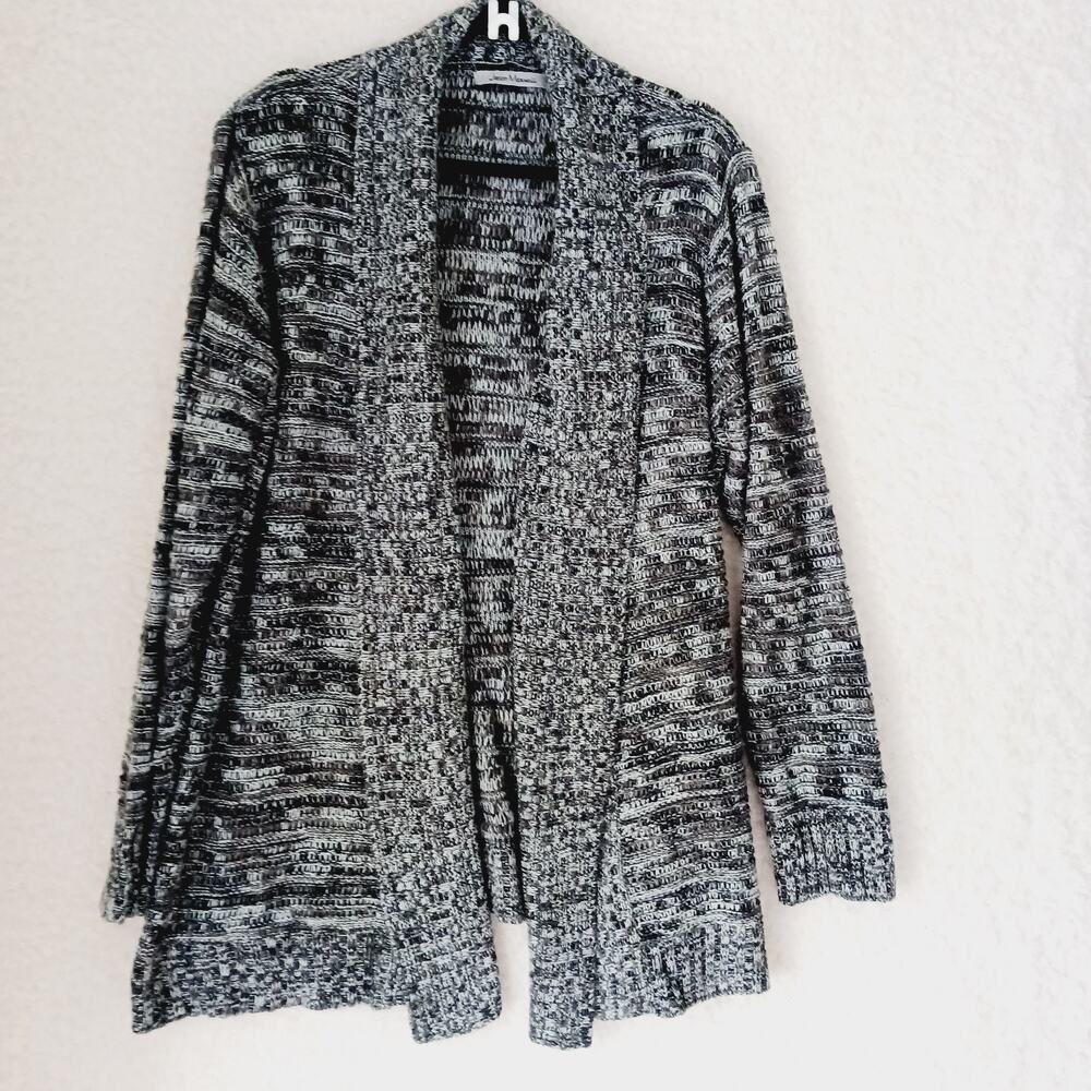 Sweater Coatigan Cardigan Black White Tweed Long Open Jason Maxwell Size 2X